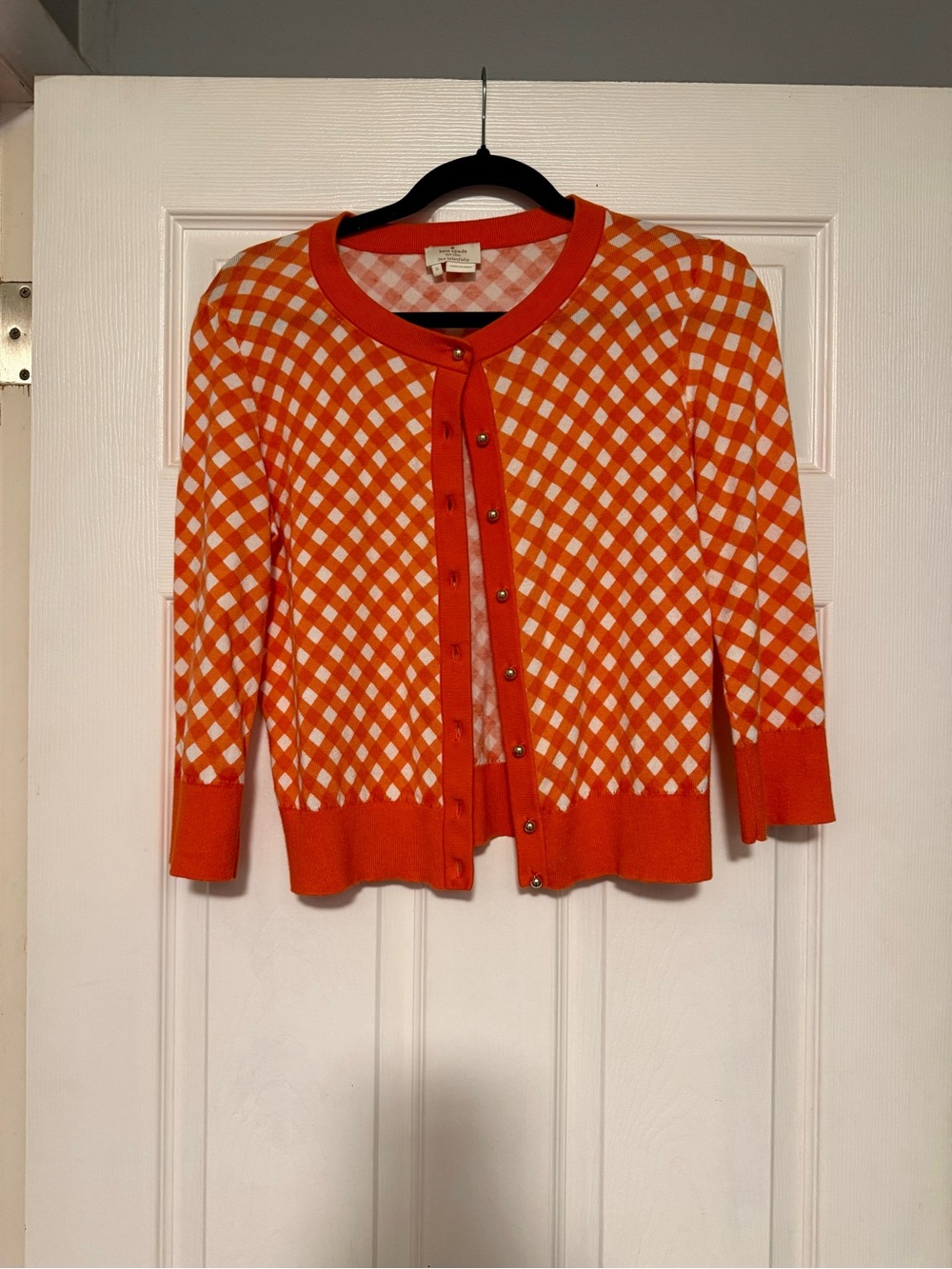 Kate Spade Orange and White Checkered Knit Cardigan Sweater